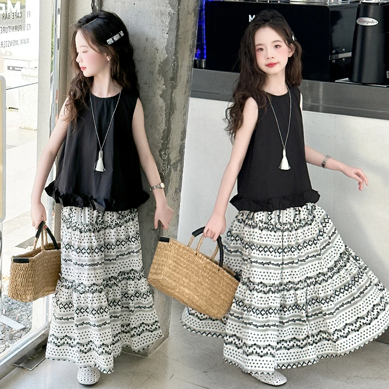 女童夏装套装2025新款中大童洋气韩版无袖娃娃衫夏季半身裙两件套