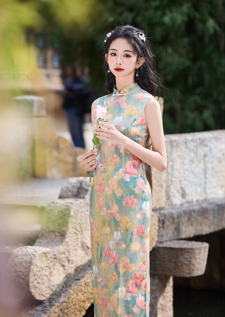 C翠小清新无袖油画风新中式女年轻款绝美淑女范温柔风旗袍连衣裙