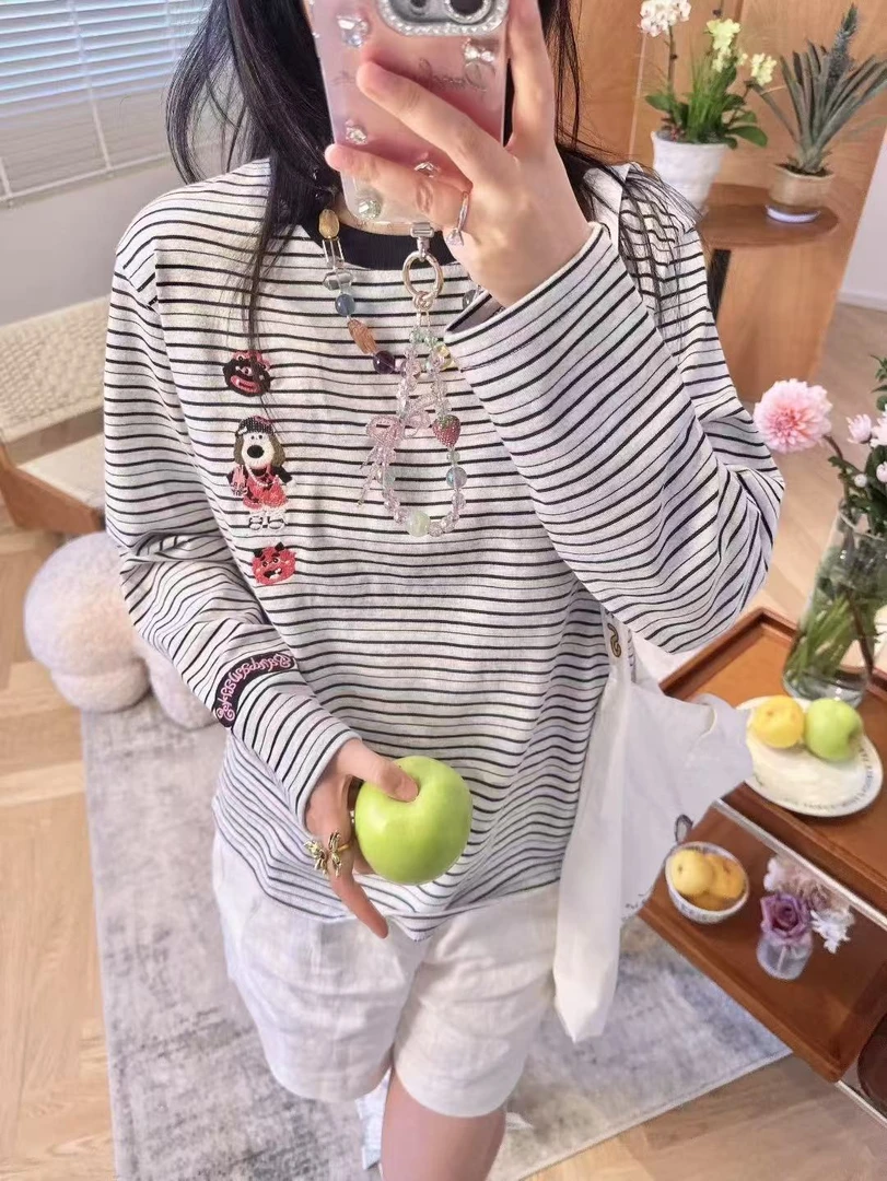 Pandawarks熊猫纯棉条纹时尚掌门狗简约洋气长袖衫25303