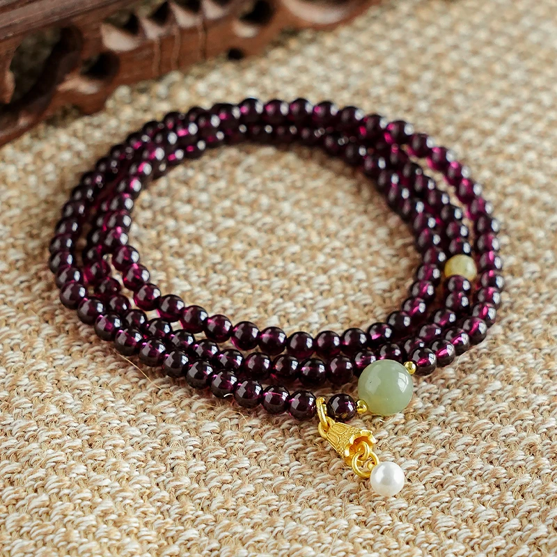 原创轻奢多圈石榴石 和田玉手链多样性发一-7760