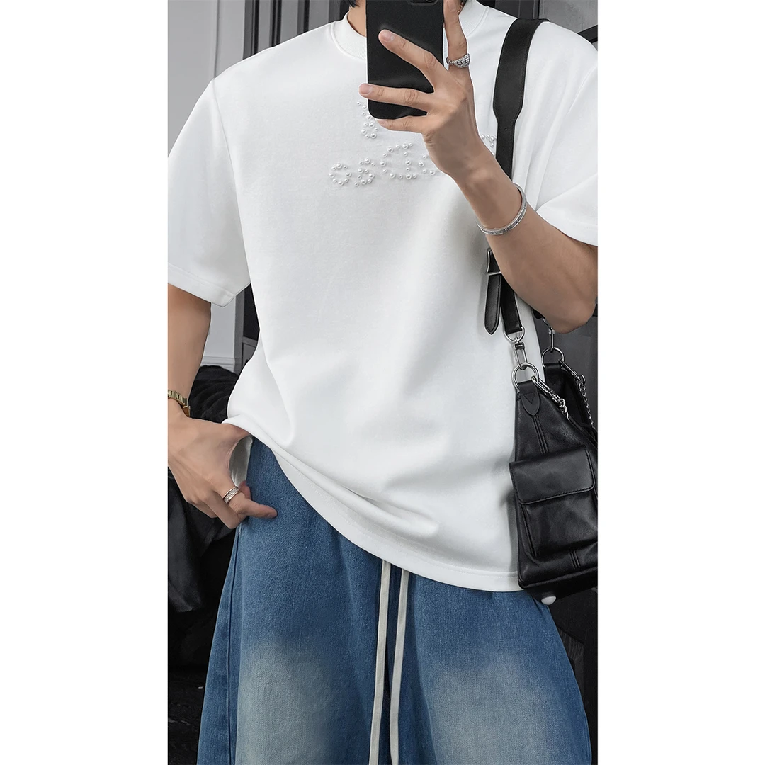 龙叨叨夏季新品小众珍珠logo设计感短袖T恤男圆领简约百搭上衣潮