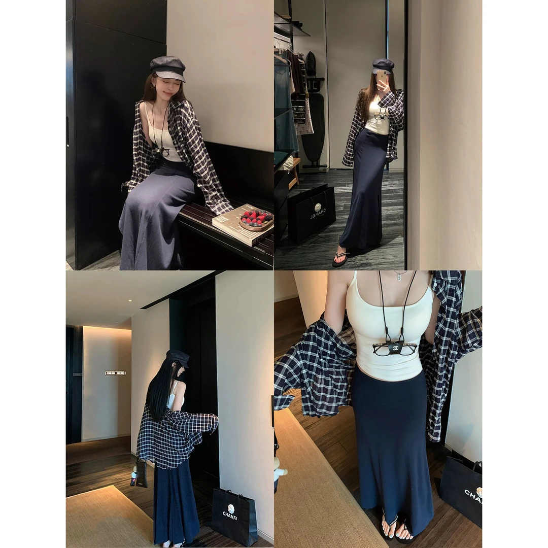 【显瘦艺术】休闲吊带+休闲修身针织半身裙+慵懒风格子衬衫Z 9017