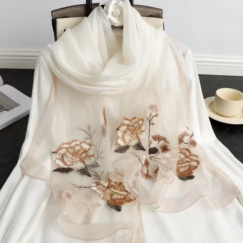 桑蚕丝羊毛175*75左右围巾丝巾披肩【牡丹花款】白色G50