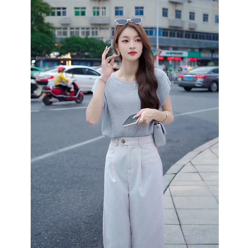 气质穿搭一整套小设计镂空百搭纯色T恤+高腰显瘦直筒九分裤套装女