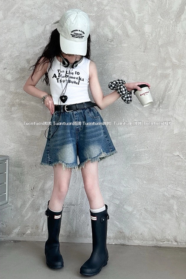TUANTUAN 2025 薄款女童百搭洋气高腰宽松牛仔短裤