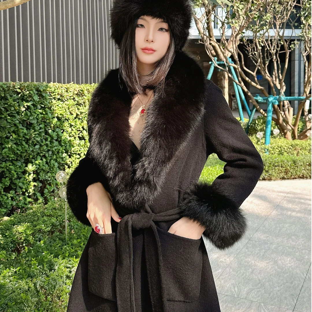 【赵总来了专属】黑色超大狐狸毛领双面羊毛大衣修身显瘦大长款