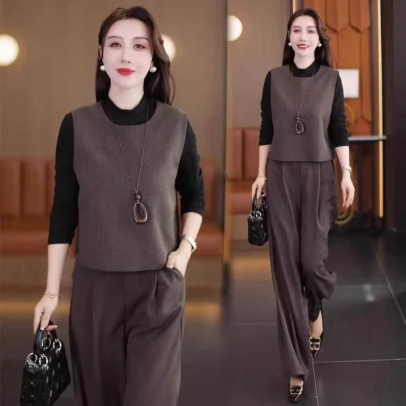 2025秋季新款毛呢料时尚套装洋气减龄气质叠穿马甲+打底衫+阔腿裤