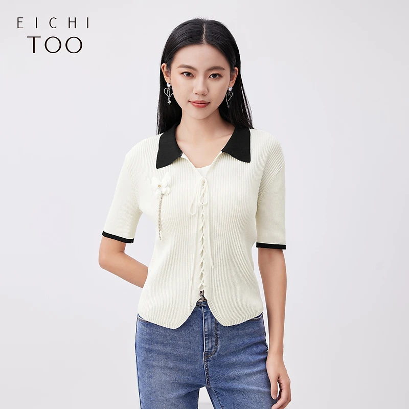 爱居兔春显瘦显腰身绑带设计撞色中袖针织衫女ENZJJ1N001A