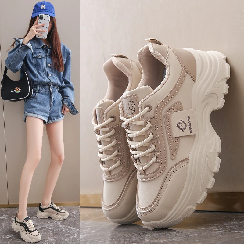 踩屎感厚底运动鞋女士2025新款春季显脚小皮面防水防滑休闲老爹鞋