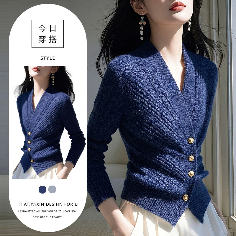 秋冬新款设计感别致收腰v领针织衫女港味气质复古纯欲风辣妹毛衣