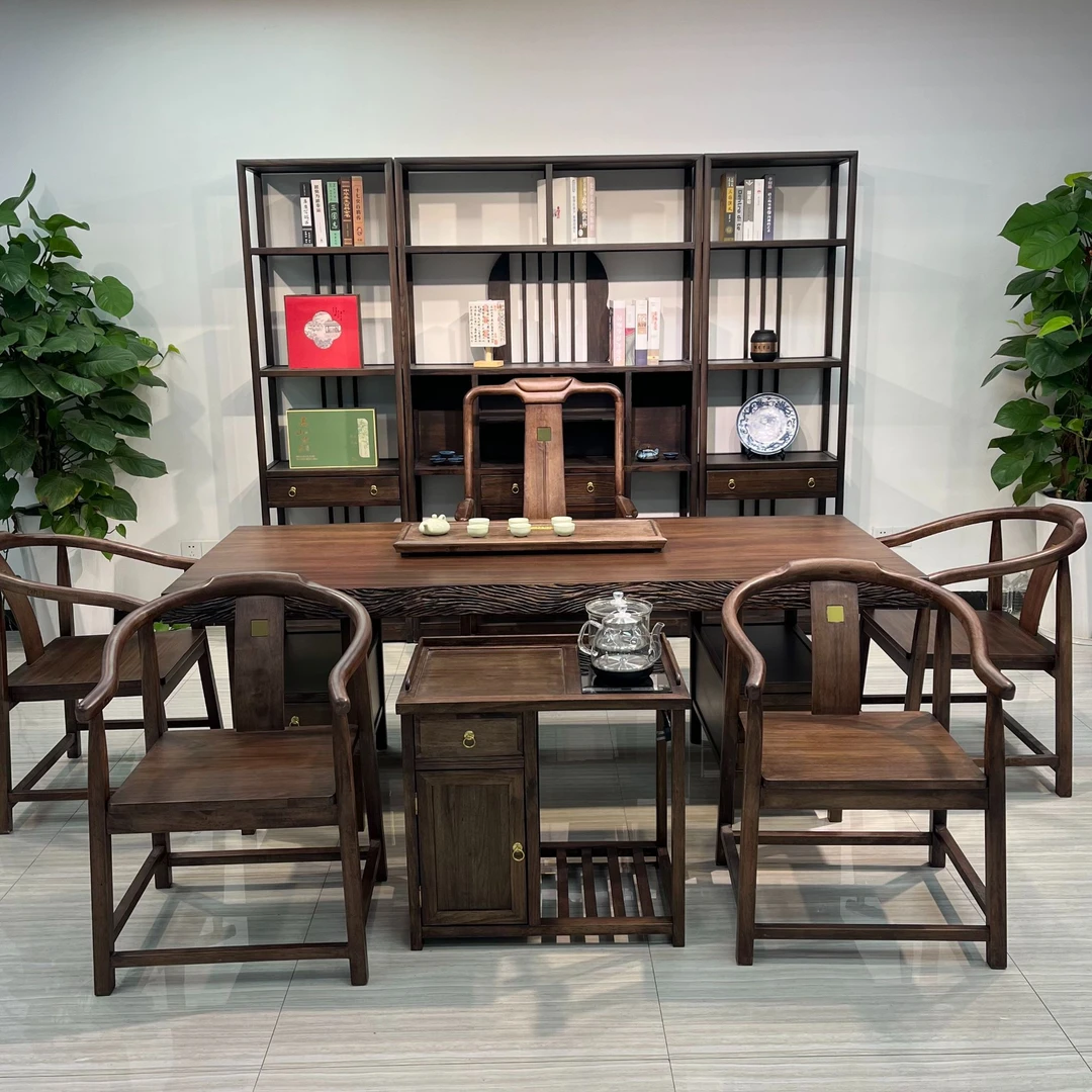 新中式胡桃色自然边大板茶桌组合茶桌茶台一整套禅意茶桌椅办公桌