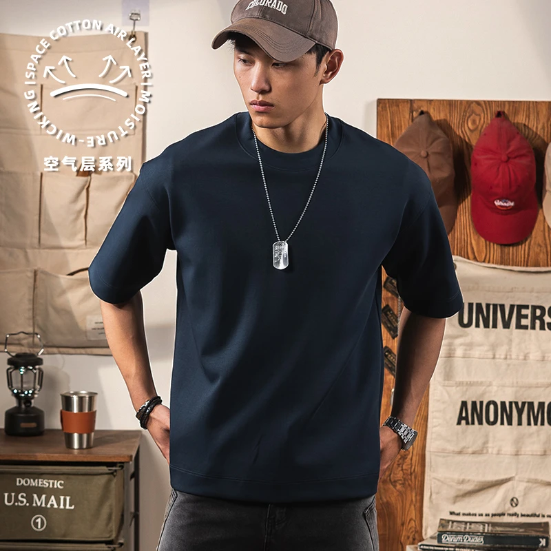 藏蓝色户外高端空气层短袖男夏季新款宽松休闲廓形半袖T恤上衣