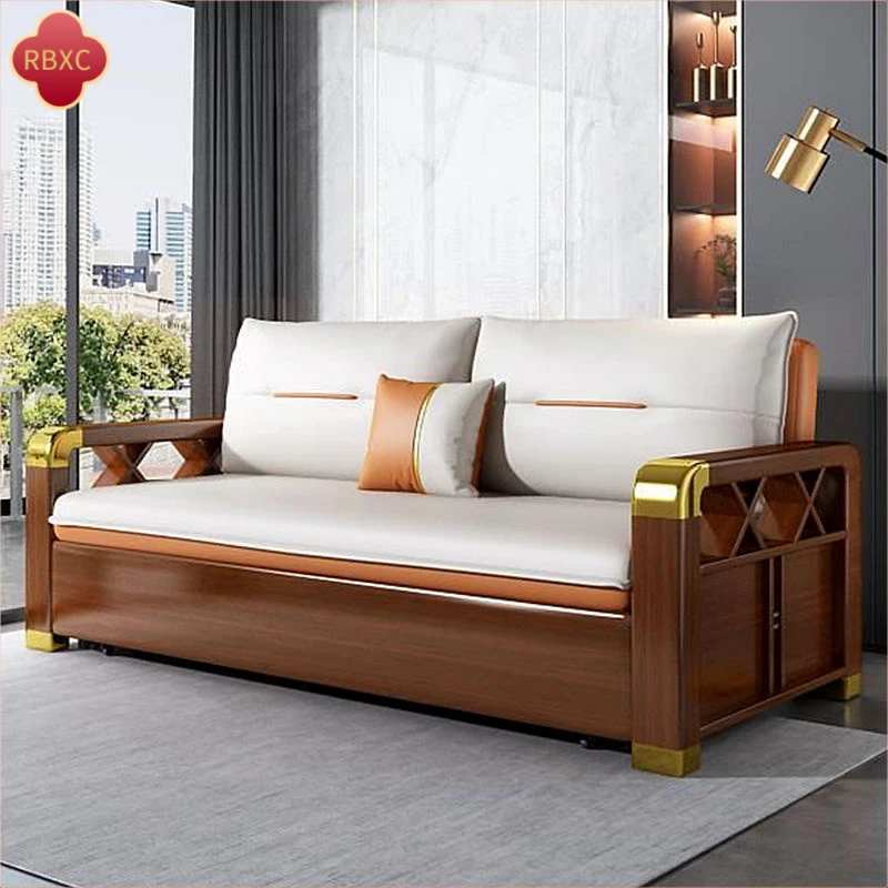 实木沙发床两用多功能小户型客厅免洗科技布2023新款折叠推拉储物