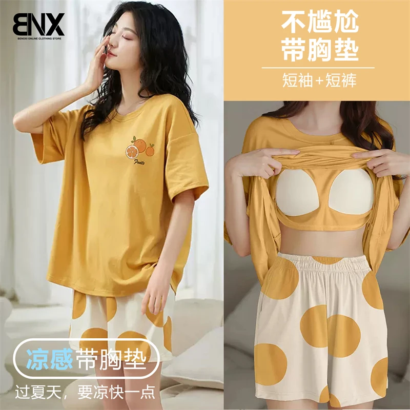 新款2025套装夏季胸垫套头睡衣家居服卡通短裤短袖薄款可外穿宽松