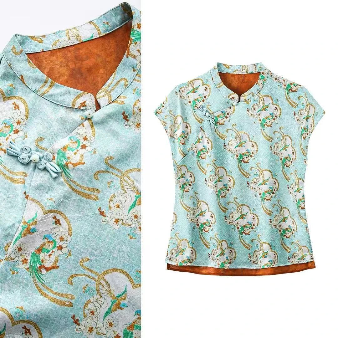 斜襟新中式夏季常规薄款小衫时尚短款提花芭比风飞飞袖T恤小衫