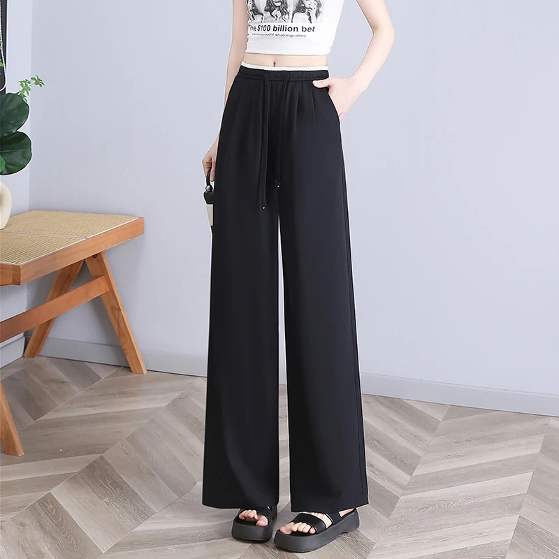 A5076法兰皱阔腿裤夏季薄款高腰垂感宽松休闲显瘦拖地直筒裤条纹