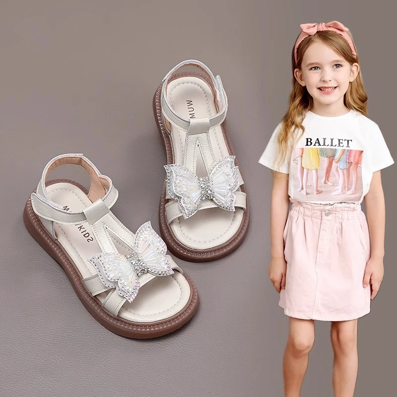 ABC女童鞋凉鞋2025夏季新款儿童软底露趾百搭公主鞋宝宝蝴蝶结鞋