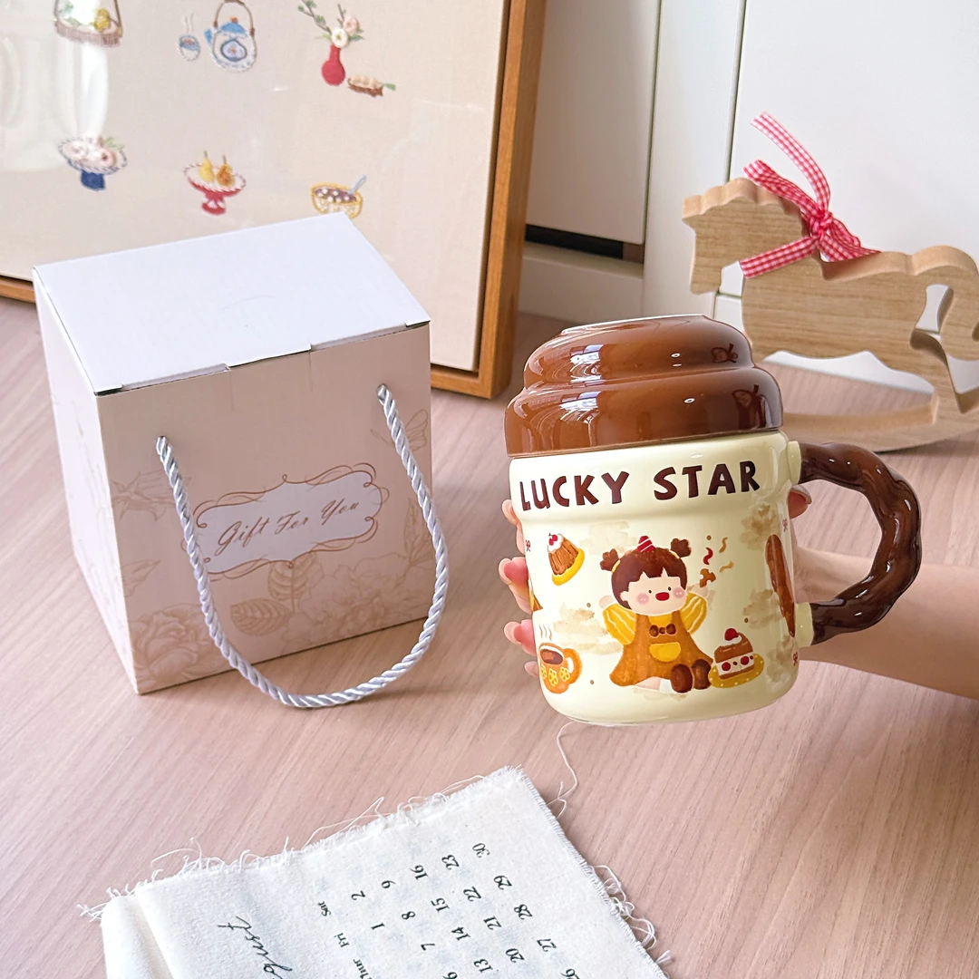 高颜值可爱女孩陶瓷杯带盖马克杯家用子大容量水壶杯子送朋友礼物