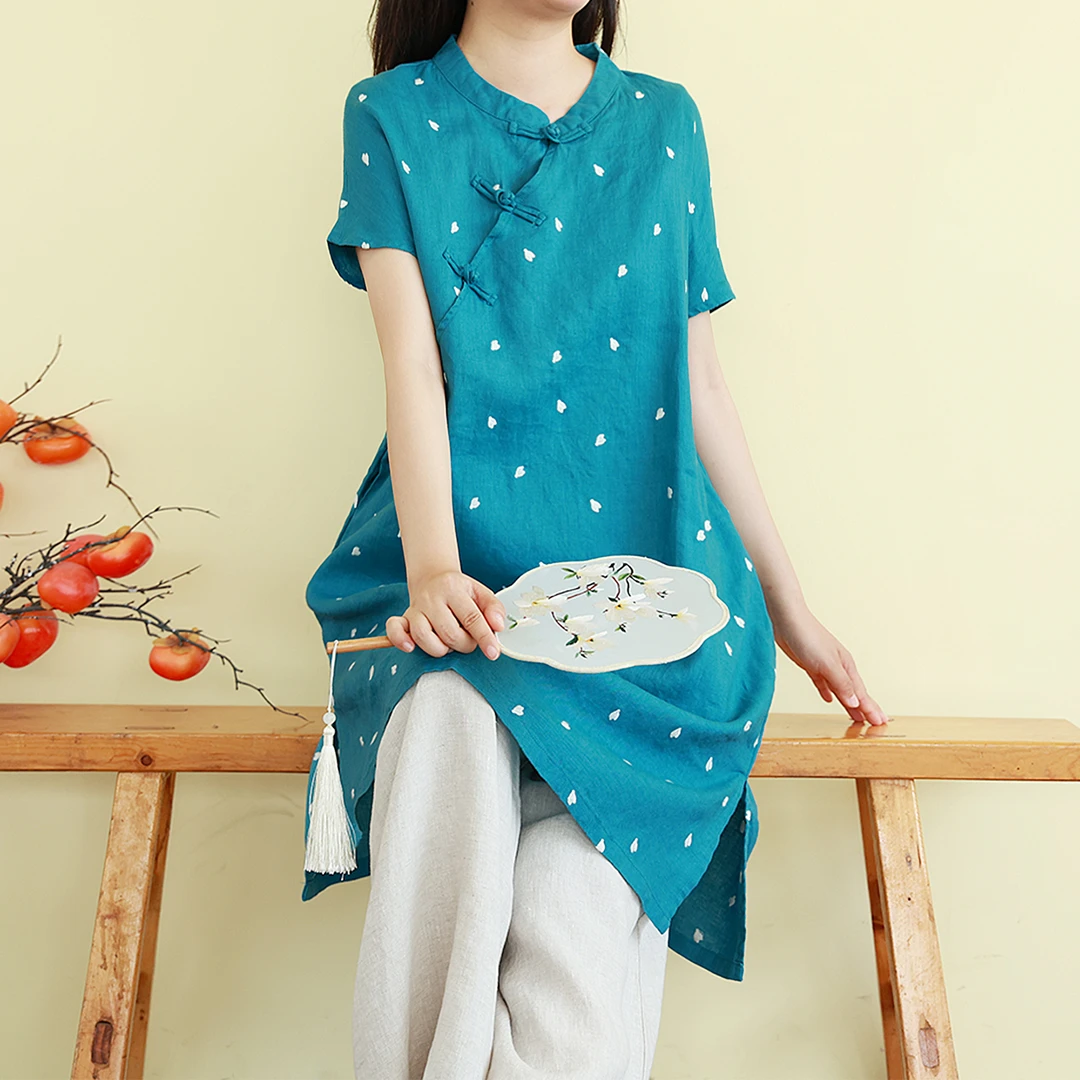 复古刺绣新中式国风立领盘扣亚麻衬衫女夏禅意茶服宽松中长款上衣