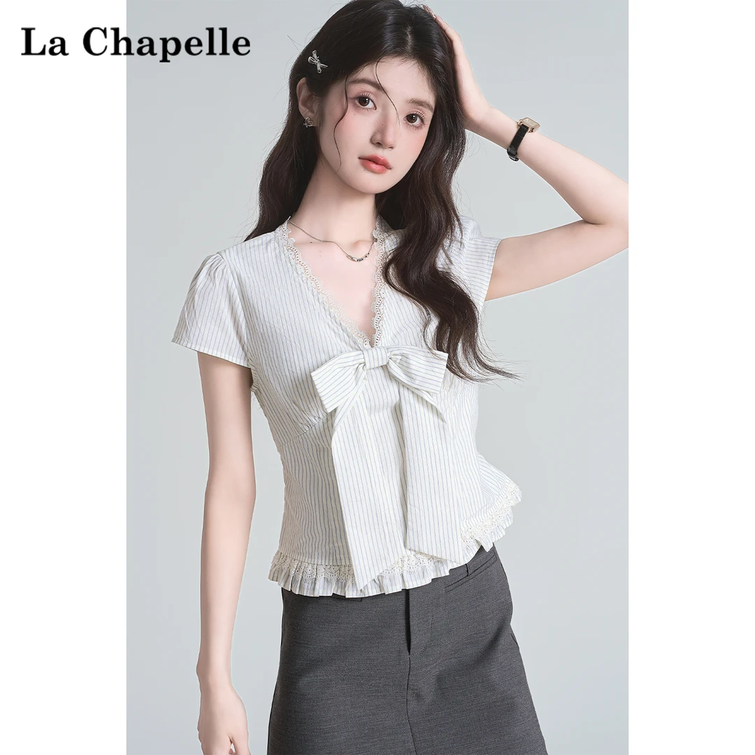 拉夏贝尔蕾丝v领条纹正肩短袖衬衫女夏季修身蝴蝶结小衫衬衣上衣