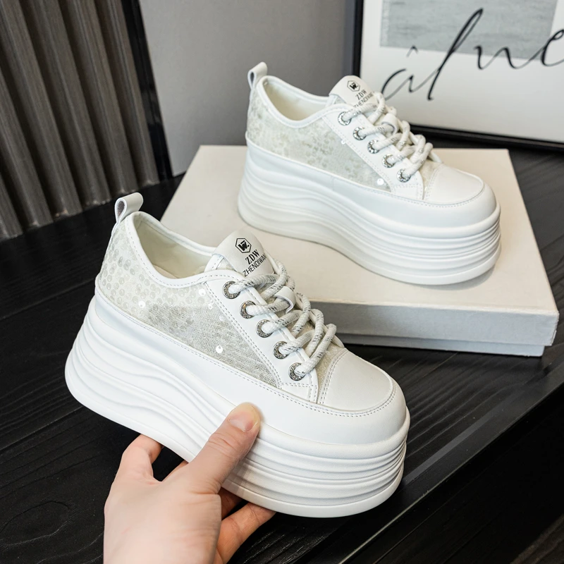 9cm透气网纱小白鞋女夏2025亮片时尚厚底板鞋小个子内增高松糕鞋