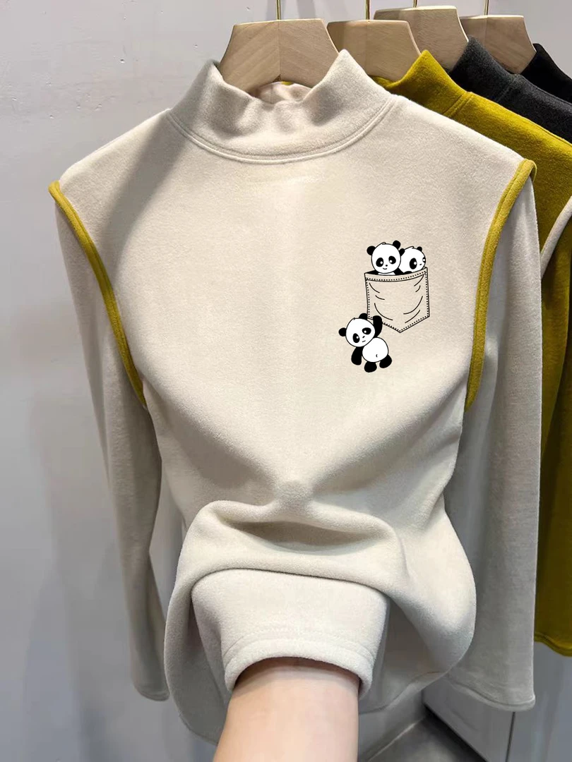 2025冬季新款半高领双面磨毛德绒长袖T恤女拼接内搭打底衫上衣厚