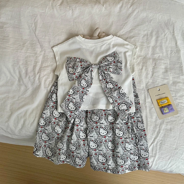 25年新款 女宝 童装 kitty 可爱 后背蝴蝶结 套装 短袖 长裤套装