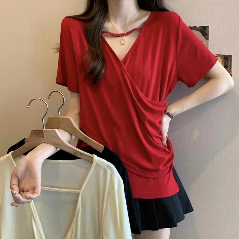 3870大码女装胖MM时尚简约百搭纯色不规则设计感V领短袖上衣2980