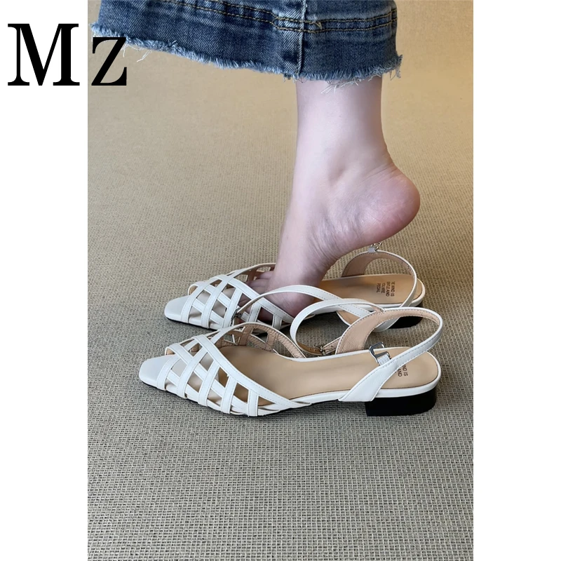 Mr.Zheng/2cm/复古编织镂空罗马凉鞋鱼嘴一字带夏季平底凉鞋女鞋
