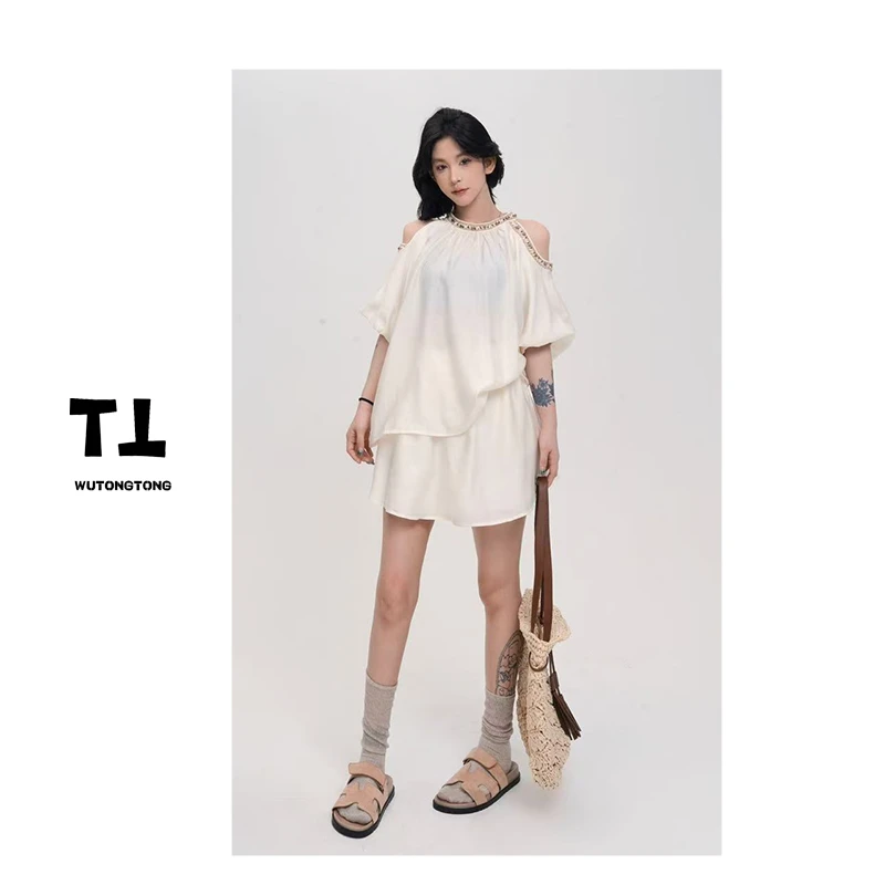 吴童童现货【蜂蜜黄油】夏季半袖罩衫短裤两件套女背心套装62095