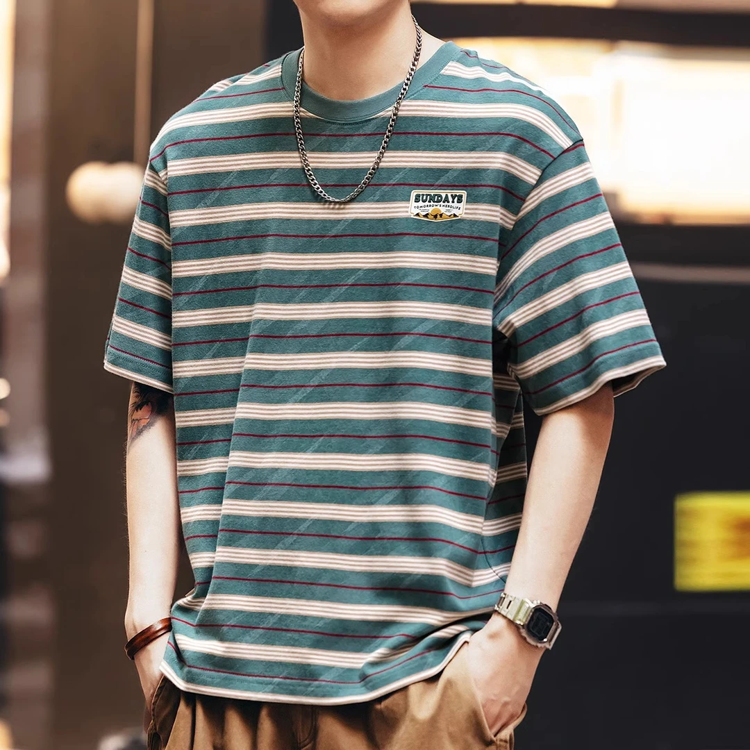 淘京贝 260g重磅拼色条纹短袖T恤男夏季潮牌宽松美式纯棉半袖体恤