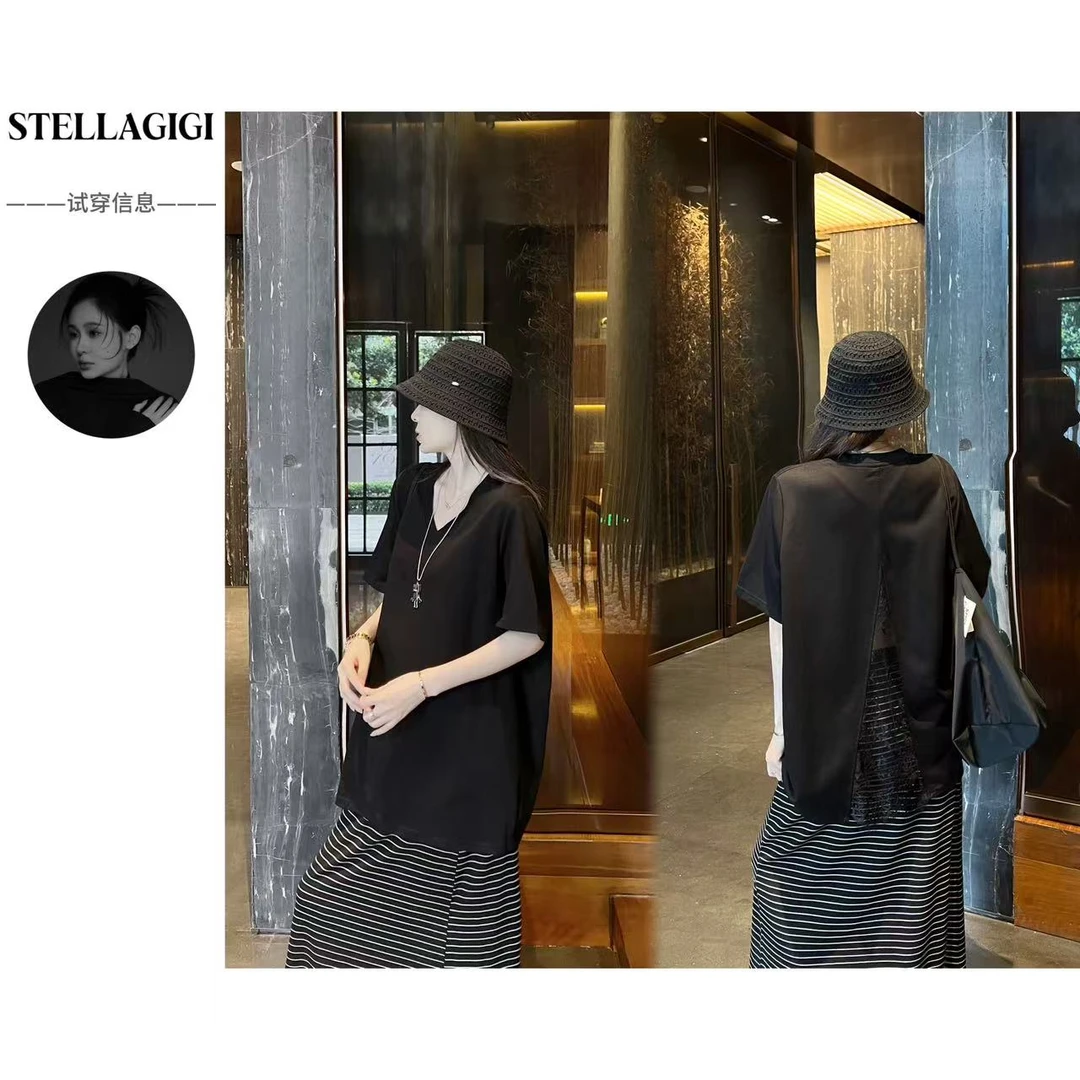 SG / 郭幂幂 SS 时髦慵懒感 后背蕾丝宽松显瘦短袖T-20250392