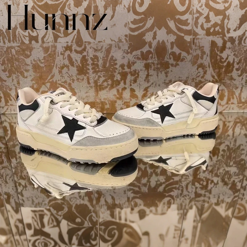 hunnz2025年新款秋做旧厚底增高星星小脏鞋复古系带运动厚底脏脏