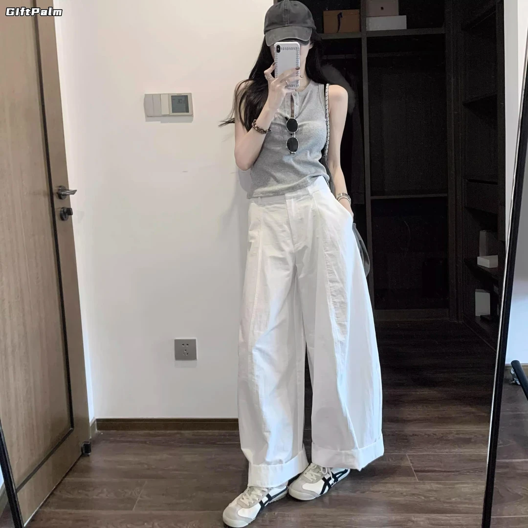 GiftPalm白色弯刀裤女夏季薄款休闲裤款韩版宽松显瘦阔腿裤长裤女