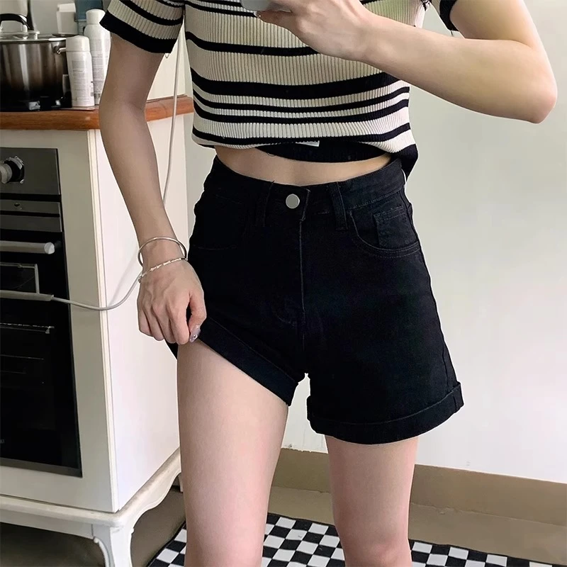 黑色牛仔热裤高腰a字短裤小个子梨型遮胯显瘦辣妹包臀裤薄款A字裤
