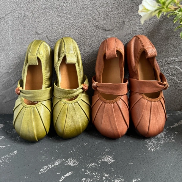 【花菜】手工制褶皱真皮女鞋复古休闲浅口单鞋