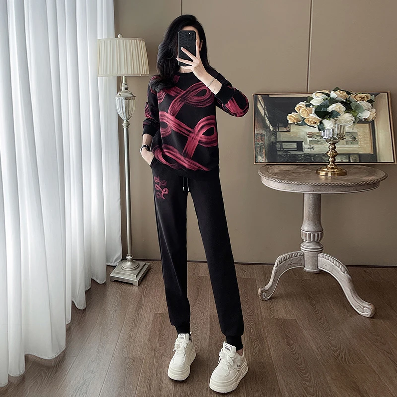 网红炸街显瘦洋气时尚设计感圆领长袖上衣束脚裤休闲运动套装女