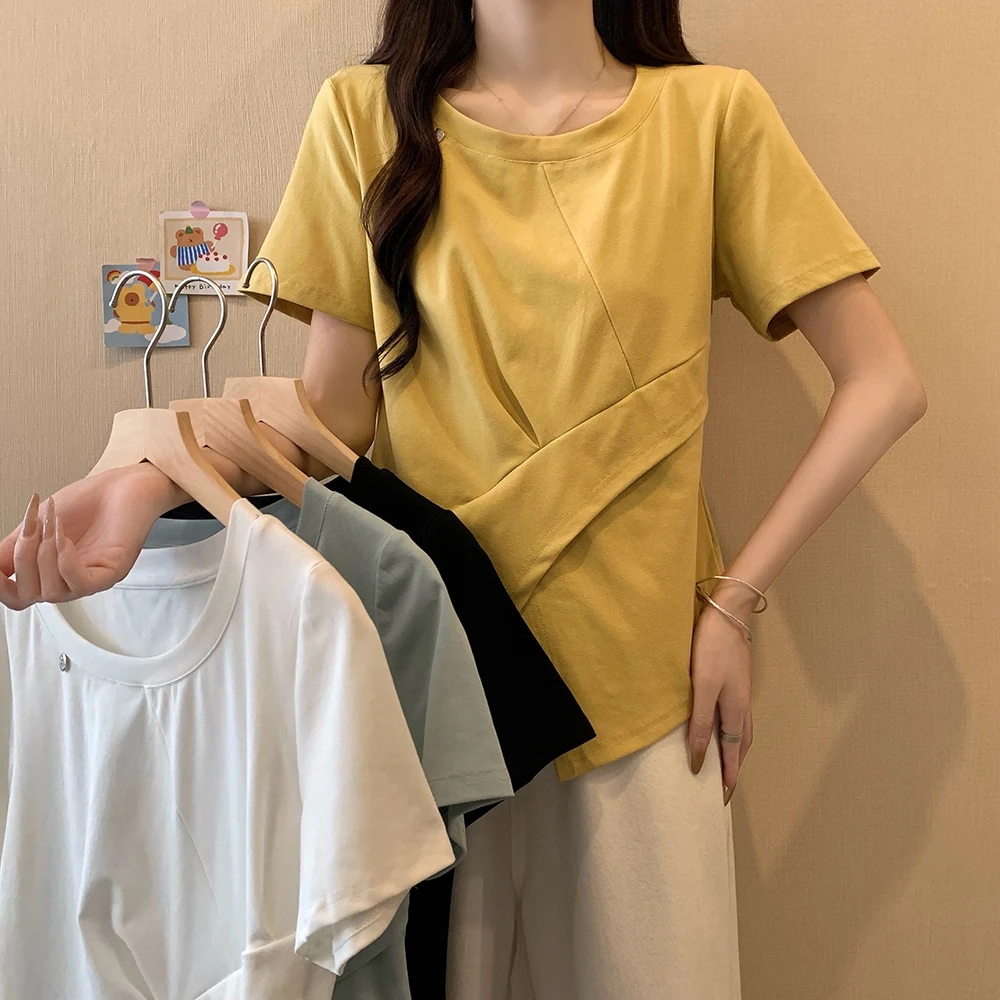 2025夏季新款夏装大码女装时尚设计感百搭圆领正肩开叉显瘦T恤上