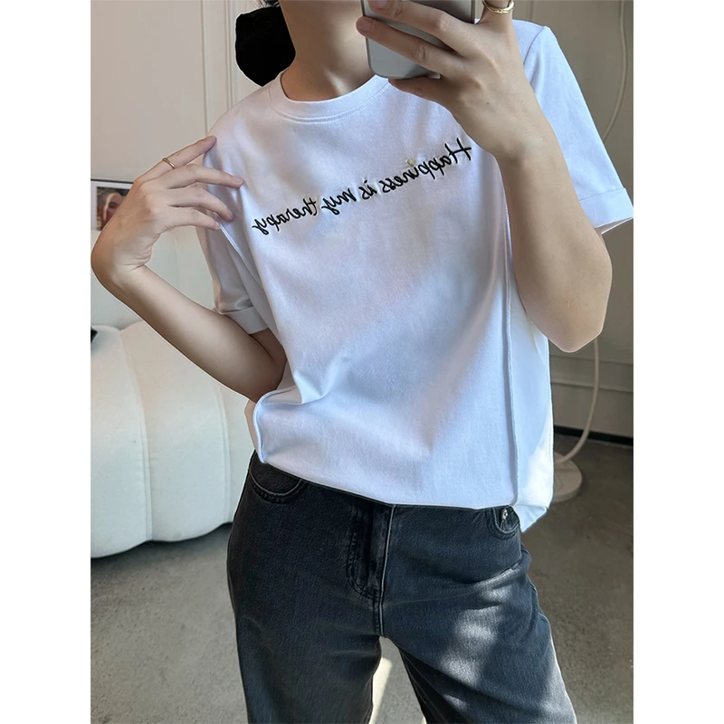 春夏百搭字母绣立体边条女士休闲白色纯棉T恤半袖夏季ins短款