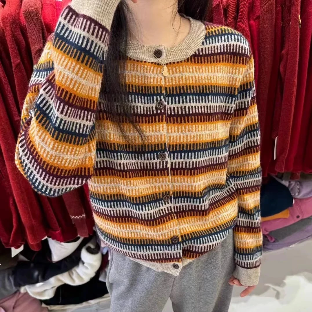 【芊荨精选】2025春新款针织衫女款圆领条纹拼色提花针织开衫S639#