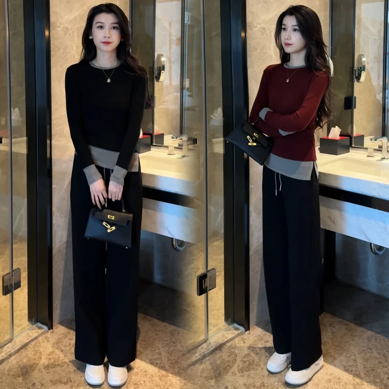 时尚休闲套装女2025春季新款洋气显瘦假两件T恤阔腿裤运动两件套