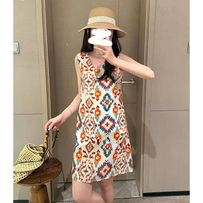 民族风碎花无袖V领连衣裙女夏季新款波西米亚度假背心裙显瘦长裙