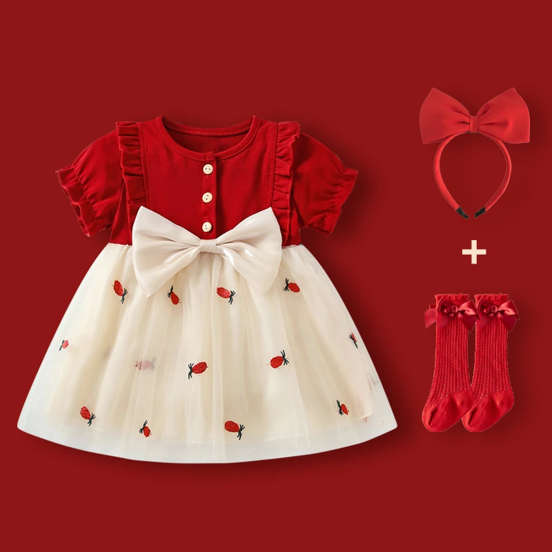 婴儿短袖2025新款夏季连衣裙女宝周岁满月夏装礼服女童红色公主裙