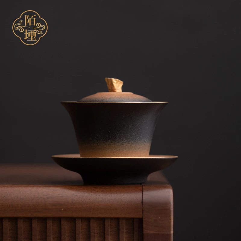 陌堙 复古渐变粗陶三才盖碗功夫茶具高档描金不烫手泡茶碗单茶具