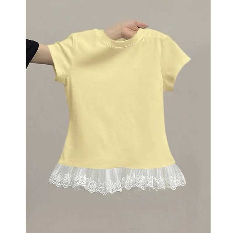 纯棉短袖T恤女法式蕾丝拼接纯欲设计感显瘦圆领百搭夏季打底上衣