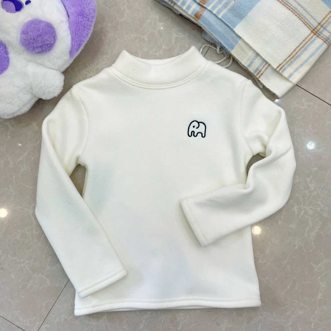 宝宝加绒半高领套头打底衫儿童长袖体恤保暖女童白色刺绣打底衣