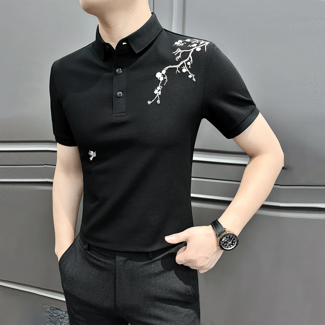 国风刺绣男款polo衫夏季痞帅轻奢男装新中式梅花修身男士短袖t恤
