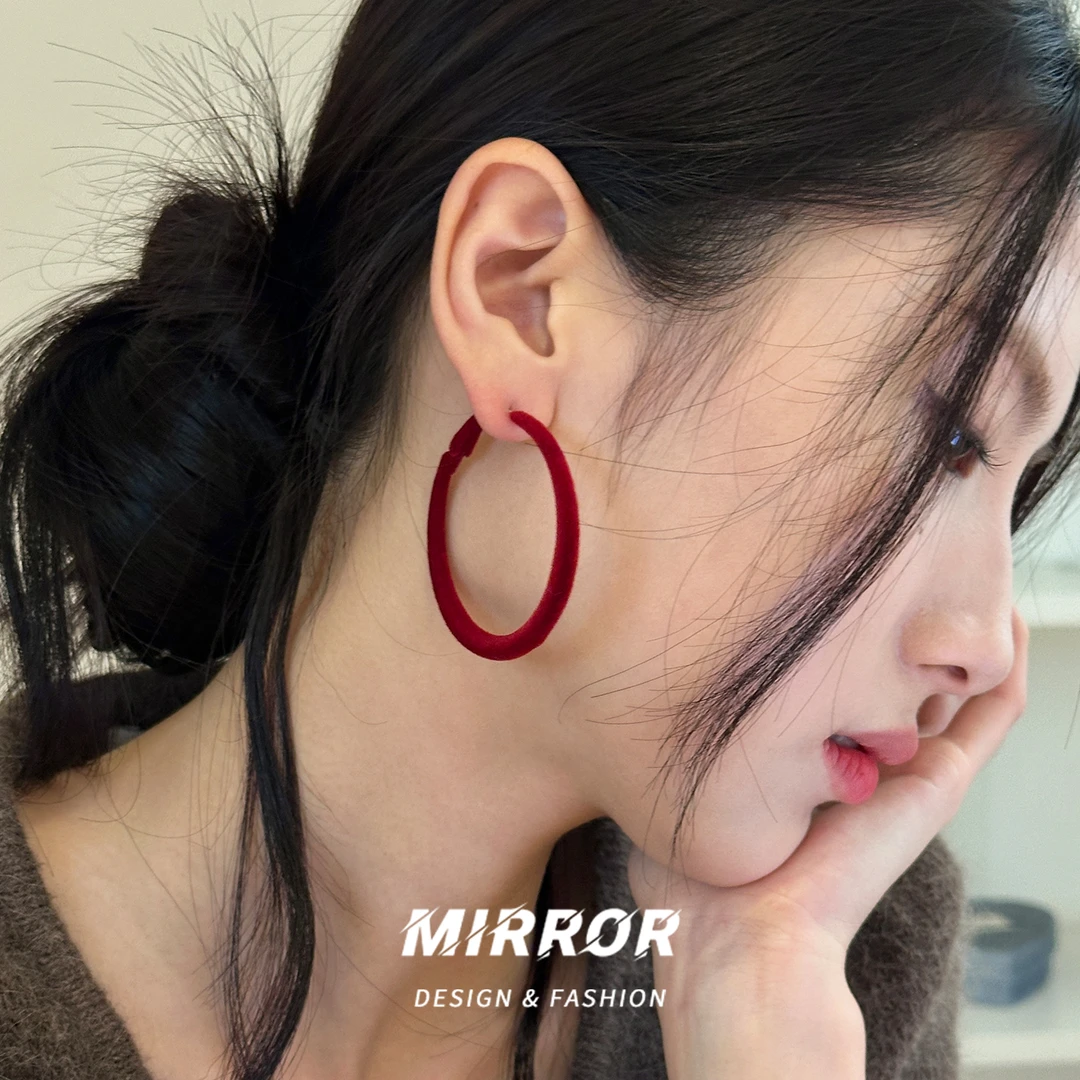 小麋人 925银耳饰 CE9545酒红绒布耳圈耳钉女耳环耳饰银针简约