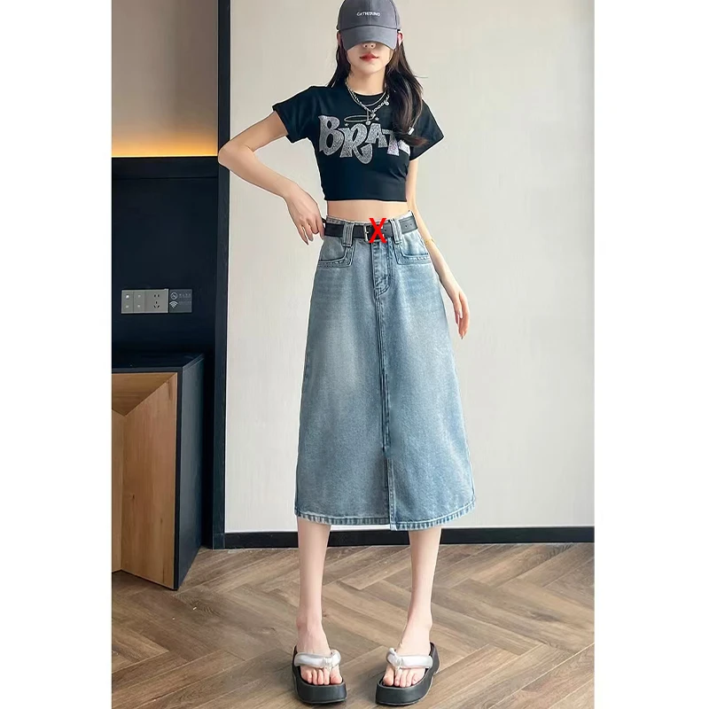 （女装）3333 蓝色高腰显瘦休闲慵懒风百搭中长款牛仔半身裙