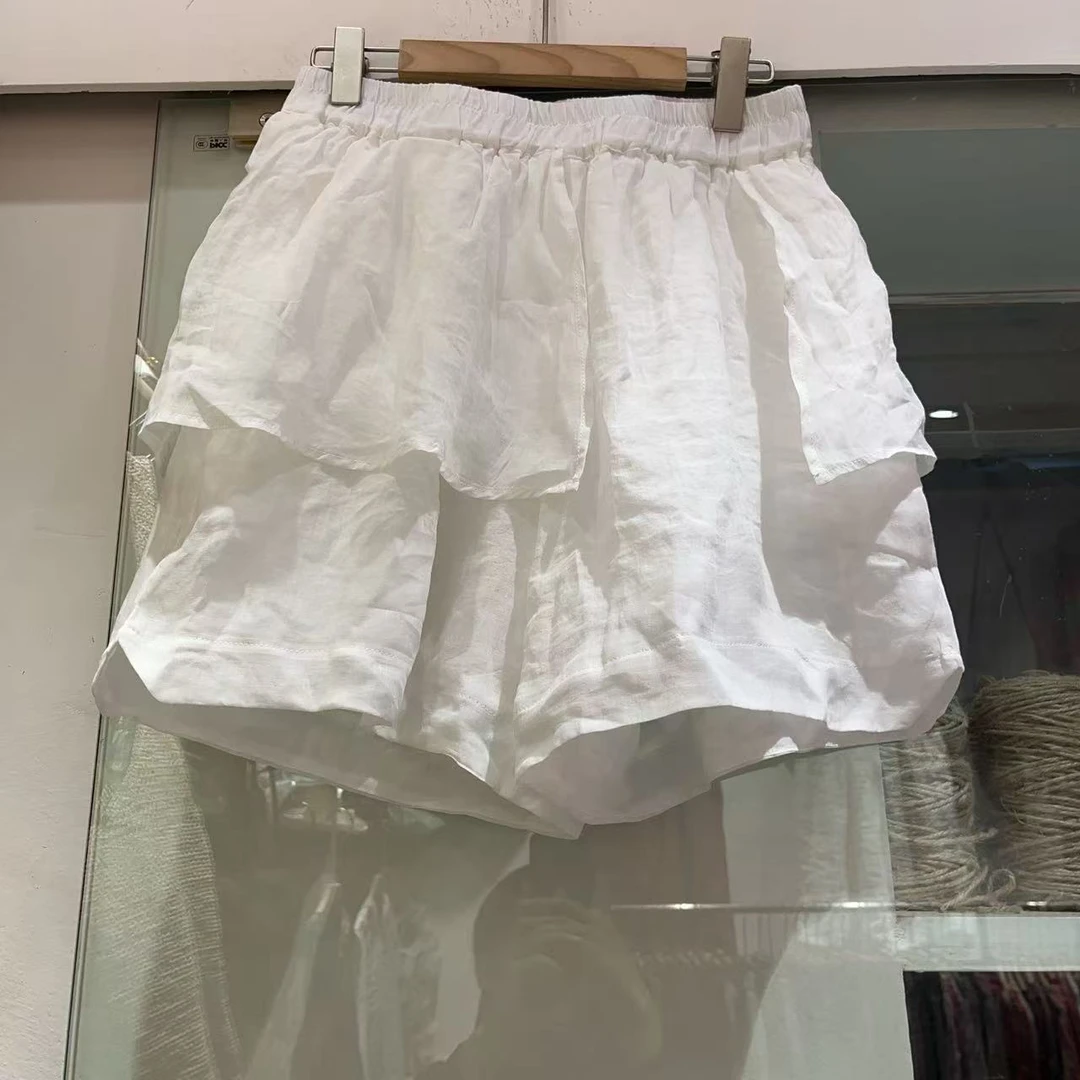 苎麻休闲裤中腰百搭阔退短裤带屁帘时尚（裤长45）